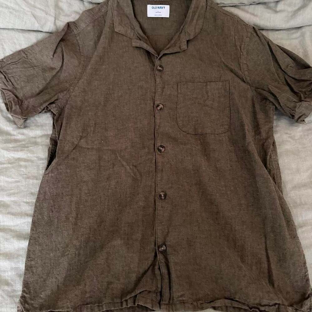 Old Navy Olive Linen Blend Camp Collar Short Sleeve Shirt